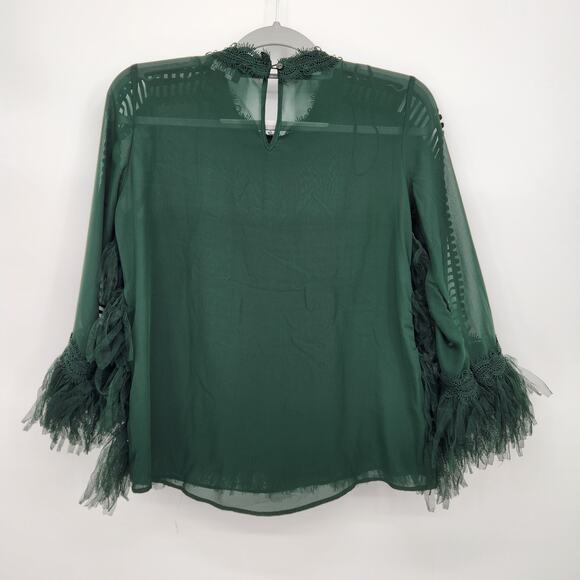 Mod X Evergreen Mesh Ladder Lace Sleeve Keyhole Back Tiered Tulle Top Women's XS - Picture 12 of 12